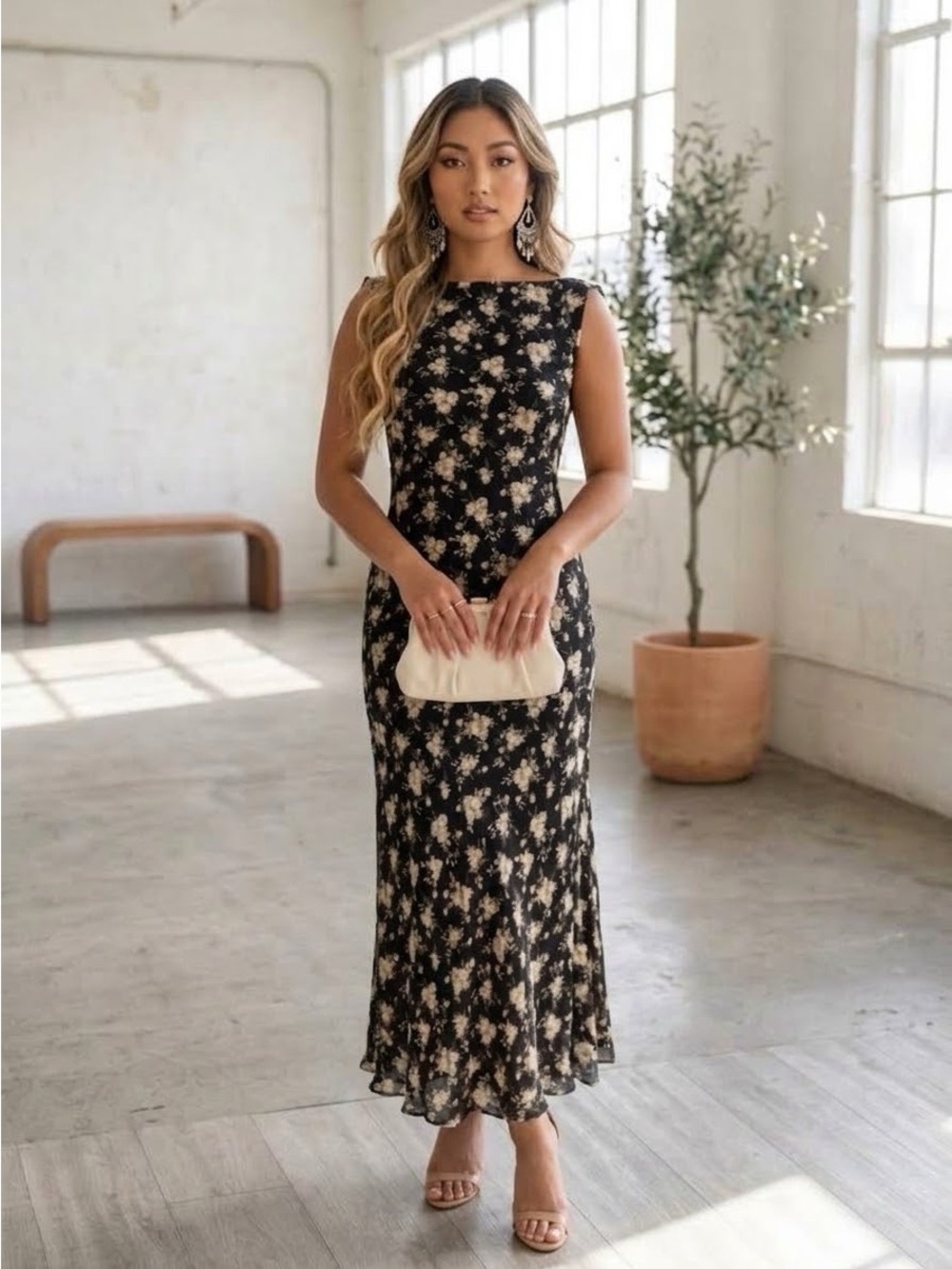 Vintage 90s Ralph Lauren Black Floral Silk Open Back Maxi Dress - US 10 - Picture 2 of 6